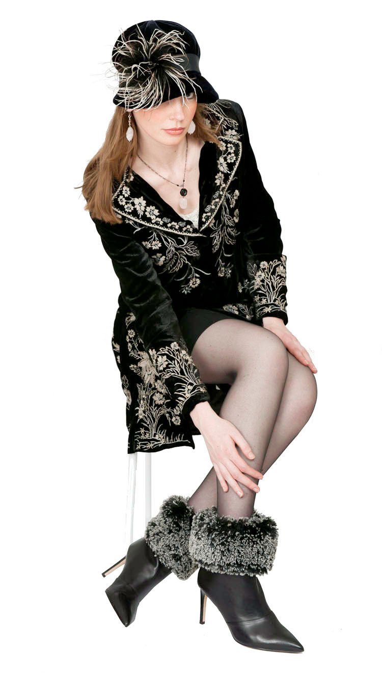 Model wearing Grace 1920s Cloche Style Hat | Velvet in Black with Black, Brown and Cream Ostrich Brooch | Handmade By Pandemonium Millinery | Seattle WA USA