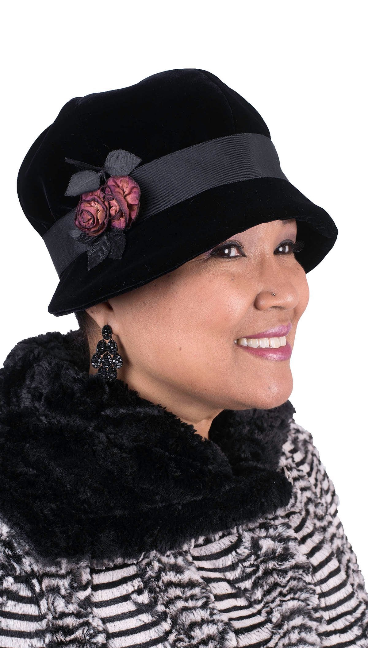 Grace Cloche Hat  Velvet in Black with Blue Steel Pheasant Feather Brooch | Handmade By Pandemonium Millinery | Seattle WA USA