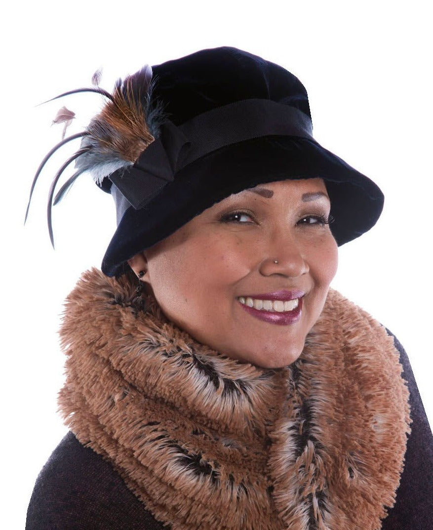 Grace Cloche Hat  Velvet in Black with Blue Steel Pheasant Feather Brooch | Handmade By Pandemonium Millinery | Seattle WA USA