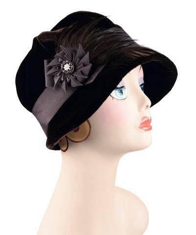 Grace Cloche Style Hat Velvet in Chocolate with Chocolate Feather  Grosgrain Pinwheel Brooch | Handmade By Pandemonium | Seattle WA USA