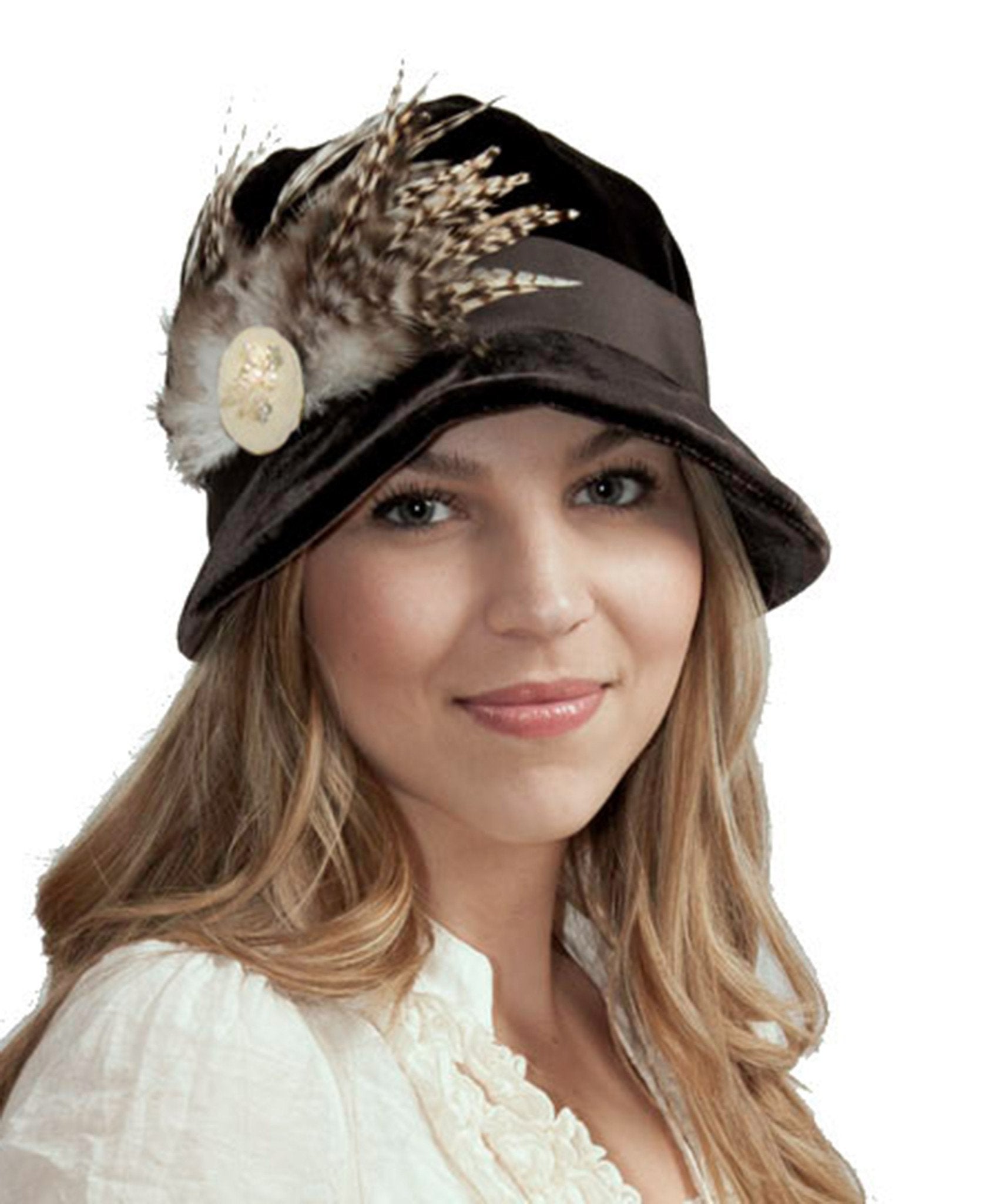 Model wearing Grace Cloche Style hat Velvet in Chocolate with Chocolate Feather Brooch featuring a Beaded Ivory Brooch |  Handmade By Pandemonium | Seattle WA USA