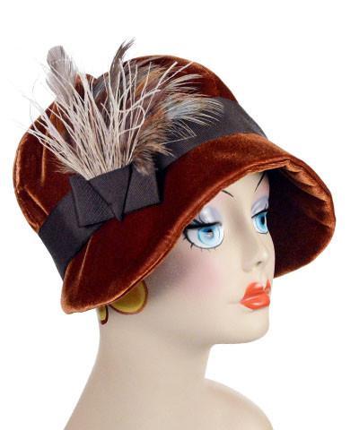Women&#39;s Grace Cloche Hat in Citrine Velvet with Feather Brooch | Handmade in Seattle WA | Pandemonium Millinery