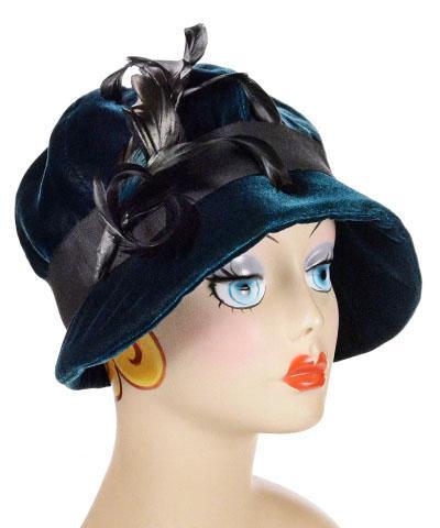 Grace Cloche Style Hat Velvet Emerald with Natural Feathers with Turquoise Brooch | By Pandemonium Millinery | Seattle WA US