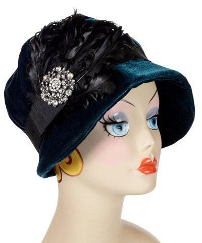  Model wearing Grace 1920s Cloche Style Hat Velvet Emerald with  Large Black Feather Fan with  Rhinestone Brooch  | By Pandemonium Millinery | Seattle WA USA