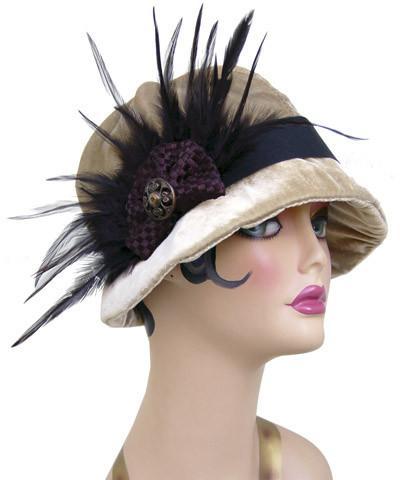 Grace Velvet in  Mushroom | Black Feather and Fabric Brooch with Button | Handmade By Pandemonium Millinery | Seattle WA