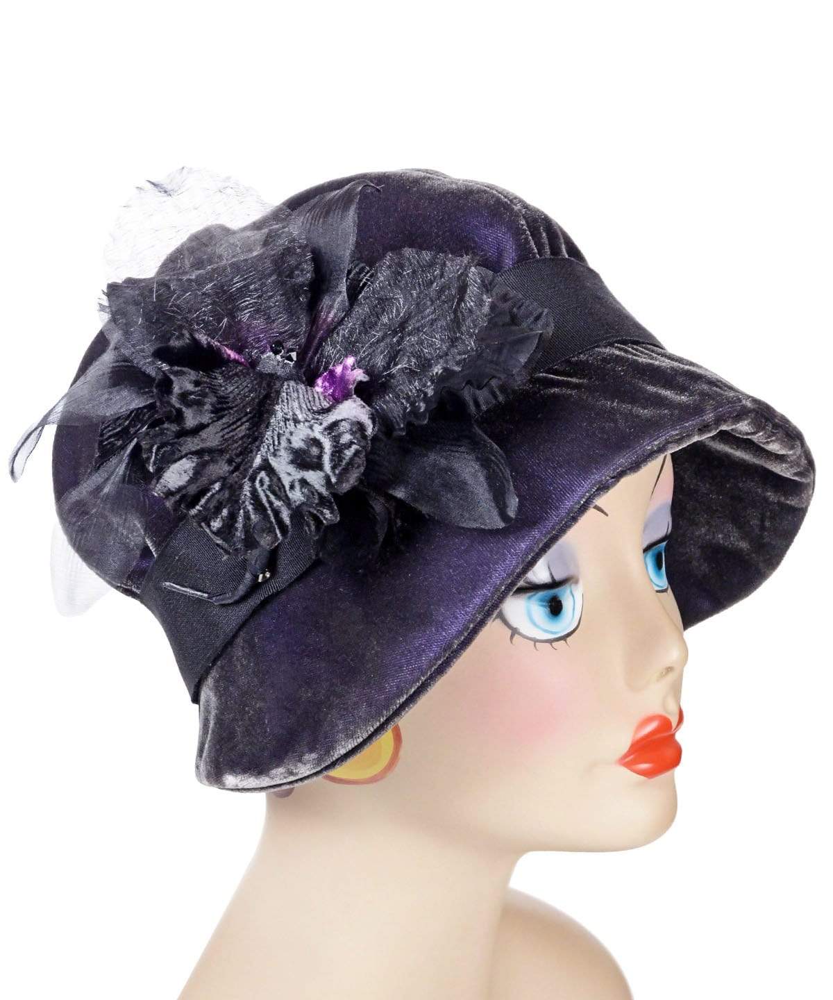  Grace Cloche Style Hat Velvet in Smoky Quartz with  Purple Organdy Flower Brooch |  By Pandemonium Millinery | Seattle WA USA
