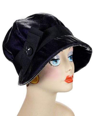 Grace Cloche Style Hat Velvet in Smoky Quartz with  Black Grosgrain Band and Bow featuring a Black Glass Button | By Pandemonium Millinery | Seattle WA USA