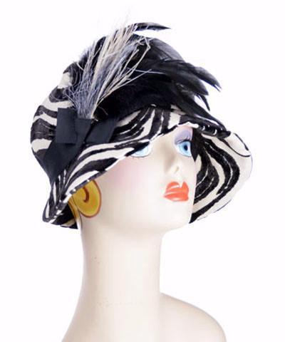 Grace Cloche in Wave Upholstery Fabric with Feather  and Rhinestone Brooch  | Handmade By Pandemonium Millinery | Seattle WA USA