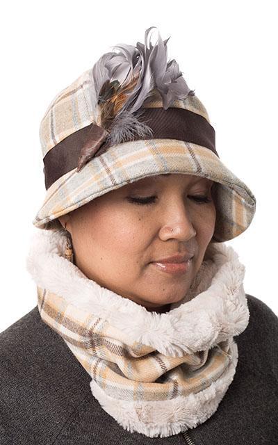 Sideview Model Wearing Grace Cloche Style Hat Wool Plaid in Day Break with Feather Trim | Handmade By Pandemonium Millinery | Seattle WA US