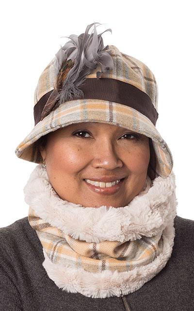 Model Wearing Grace Cloche Style Hat  Wool Plaid in Day Break with Feather Trim | Handmade By Pandemonium Millinery | Seattle WA  USA