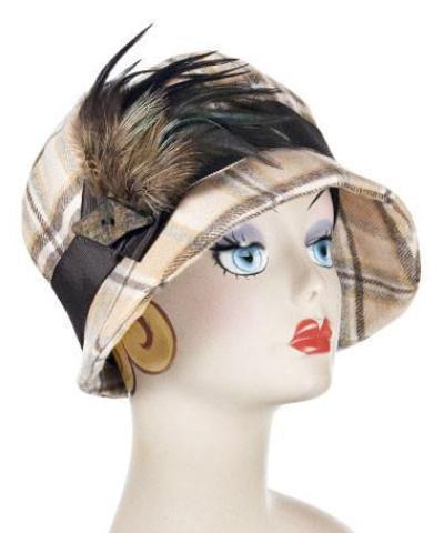 Grace Cloche Style Hat Wool Plaid in Day Break with Pheasant Feather Brooch and Natural Horn Button Trim | Handmade By Pandemonium Millinery | Seattle WA US