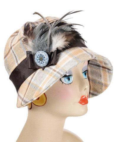 Model Wearing Grace Cloche Style Hat  Wool Plaid in Day Break with Feather Trim | Handmade By Pandemonium Millinery | Seattle WA  USA