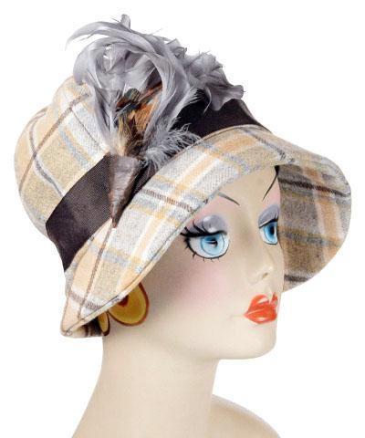 Grace Cloche Style Hat Wool Plaid in Day Break with Feather Trim | Handmade By Pandemonium Millinery | Seattle WA  USA