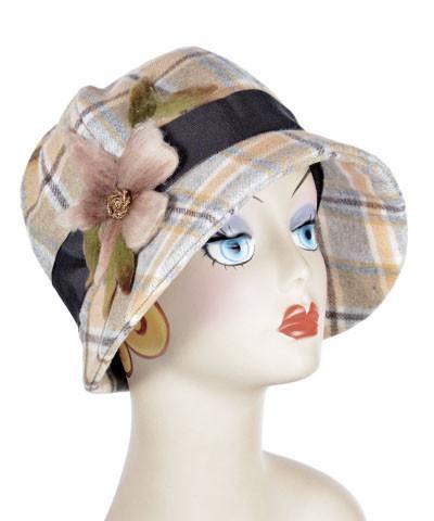  Grace Cloche Style Hat Wool Plaid in Day Break with Floral Applique Trim | Handmade By Pandemonium Millinery | Seattle WA  USA