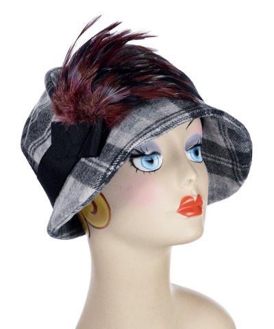 Grace Cloche Style Hat | Wool Plaid in Twilight with Black Grosgrain Band featuring Burgundy and  Black Feather | By Pandemonium Millinery | Seattle WA USA
