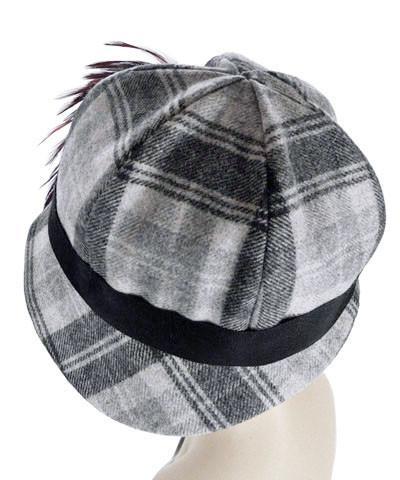 Grace Cloche Style Hat | Wool Plaid in Twilight with Black Grosgrain Band featuring Burgundy and  Black Feather | By Pandemonium Millinery | Seattle WA USA