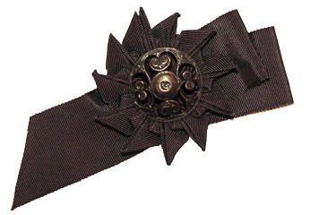 Brown Grosgrain Brooch Medallion in Style 95 with bronze tone metal button from Pandemonium Millinery