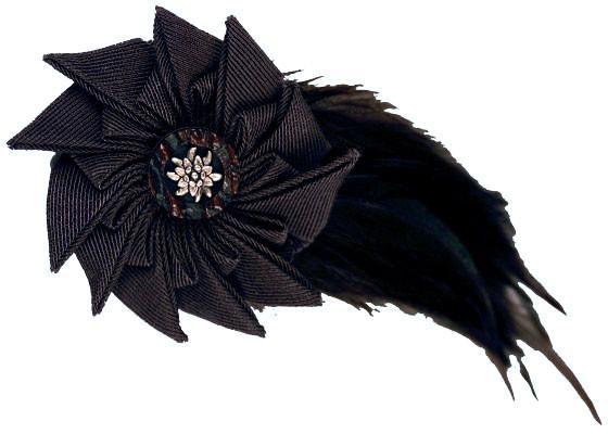 Brown Grosgrain Brooch Medallion in Style 95 with small button and feathers from Pandemonium Millinery
