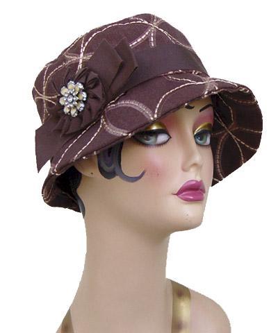 Brown Grosgrain Brooch Medallion in Style 95 with rhinestone brooch on Olivia Fedora from Pandemonium Millinery