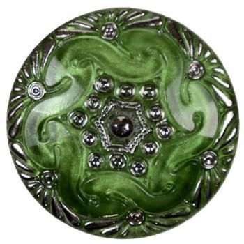 Large Aqua Blue Green and Silver Etched Glass Hand Painted Button Detail from Pandemonium Millinery