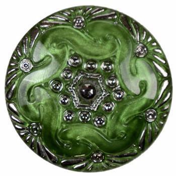 Large Kelly Green and Silver Etched Glass Hand Painted Button Detail from Pandemonium Millinery