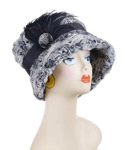 Large Black and Silver Etched Glass Hand Painted Button Detail on Faux Fur Bucket Hat from Pandemonium Millinery