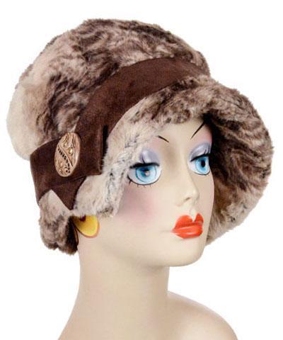 Large Mocha Brown, Gold, and Black Hand Painted Button Detail on Brown and Tan Faux Fur Hat from Pandemonium Millinery