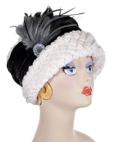 Cameron Blue Hand Painted Floral Button Detail on Cream Faux Fur Hat from Pandemonium Millinery