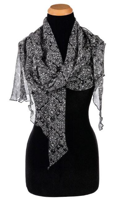 Women's Large Handkerchief Scarf, Wrap on Mannequin | Black and White Paisley | Handmade in Seattle WA | Pandemonium Millinery