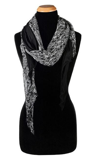 Women’s Large Two-Tone Handkerchief Scarf, Wrap on Mannequin tied in knot | Abyss Jersey knit with Black and White Paisley Chiffon | Handmade in Seattle WA | Pandemonium Millinery