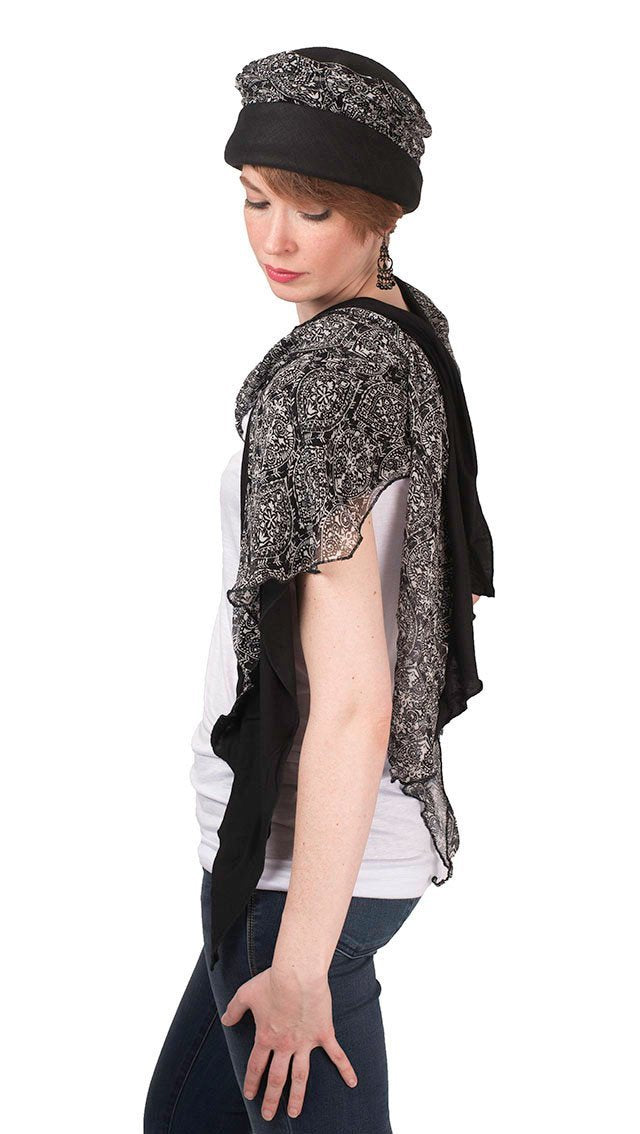 Model wearing Ana 1920’s cloche hat style and matching Large Two Tone Handkerchief Scarf, Wrap on Mannequin tied in knot |Abyss Jersey Knit with Black and White Paisley | Handmade in Seattle WA | Pandemonium Millinery