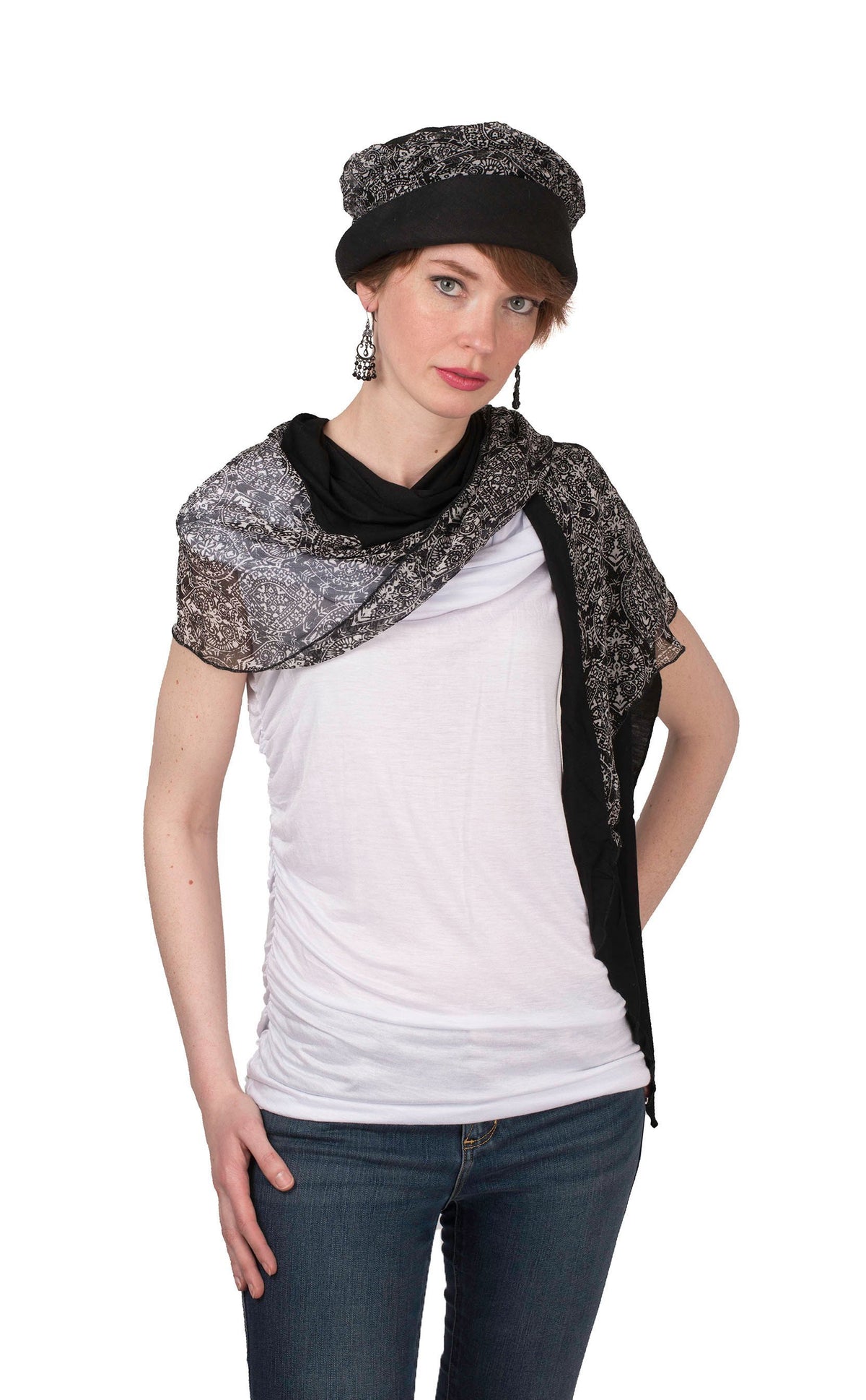 Model wearing Ana 1920’s cloche hat style and matching Large Two Tone Handkerchief Scarf, Wrap on Mannequin tied in knot |Abyss Jersey Knit with Black and White Paisley | Handmade in Seattle WA | Pandemonium Millinery