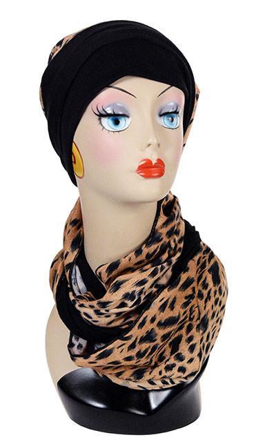 Ladies Two-Tone Handkerchief Scarf, Large Wrap shown on mannequin head  | Shown in Burmese animal print on Cotton with Abyss (Black) Jersy Knit | Handmade in Seattle WA | Pandemonium Millinery