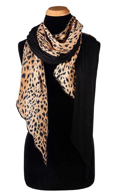  Ladies Two-Tone Handkerchief Scarf, Large Wrap | Shown in Burmese animal print on Cotton with Abyss (Black) Jersy Knit | Handmade in Seattle WA | Pandemonium Millinery