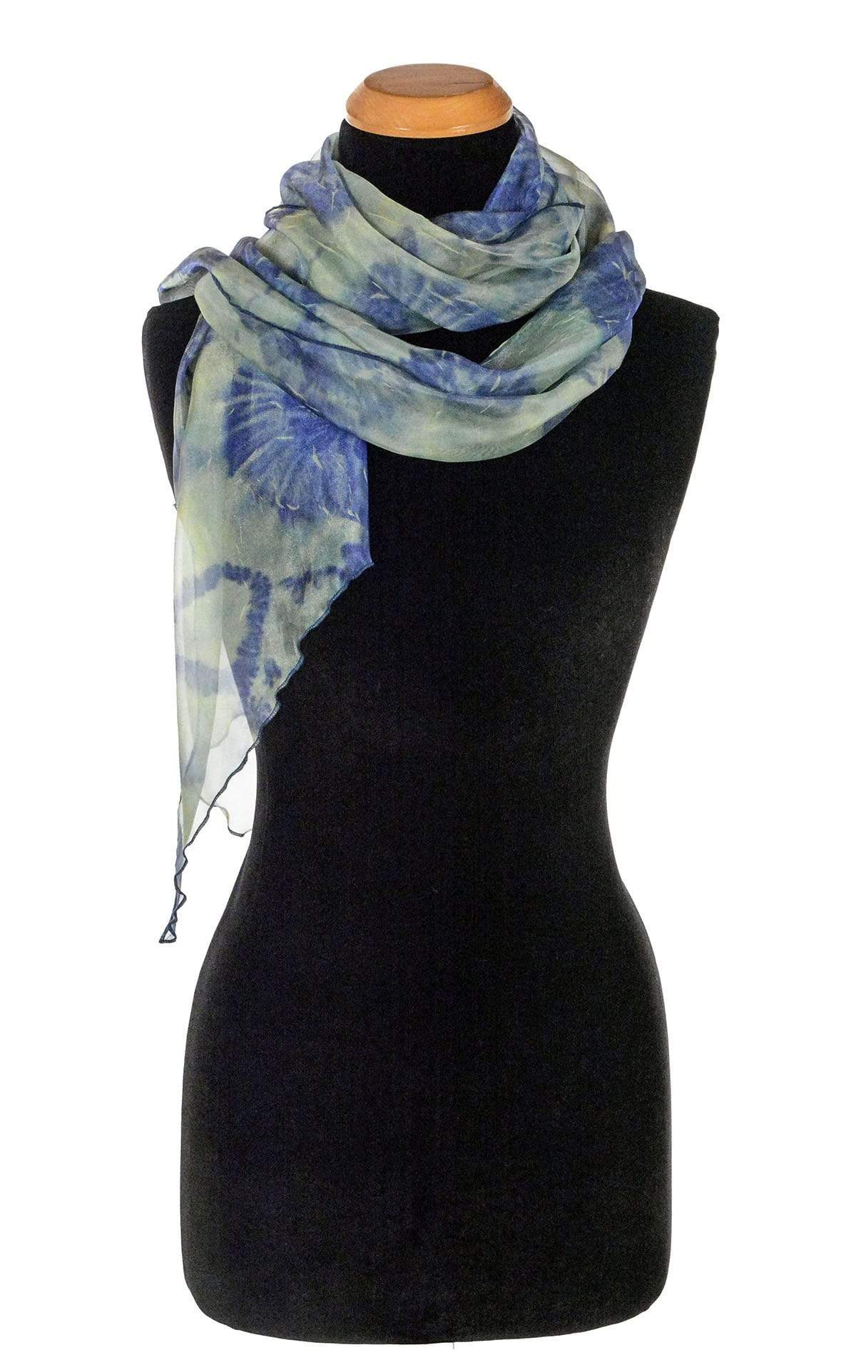 Women's Handkerchief Scarf in Agave Coastal Garden Organza Draped Over Shoulder | Handmade in Seattle WA | Pandemonium Millinery