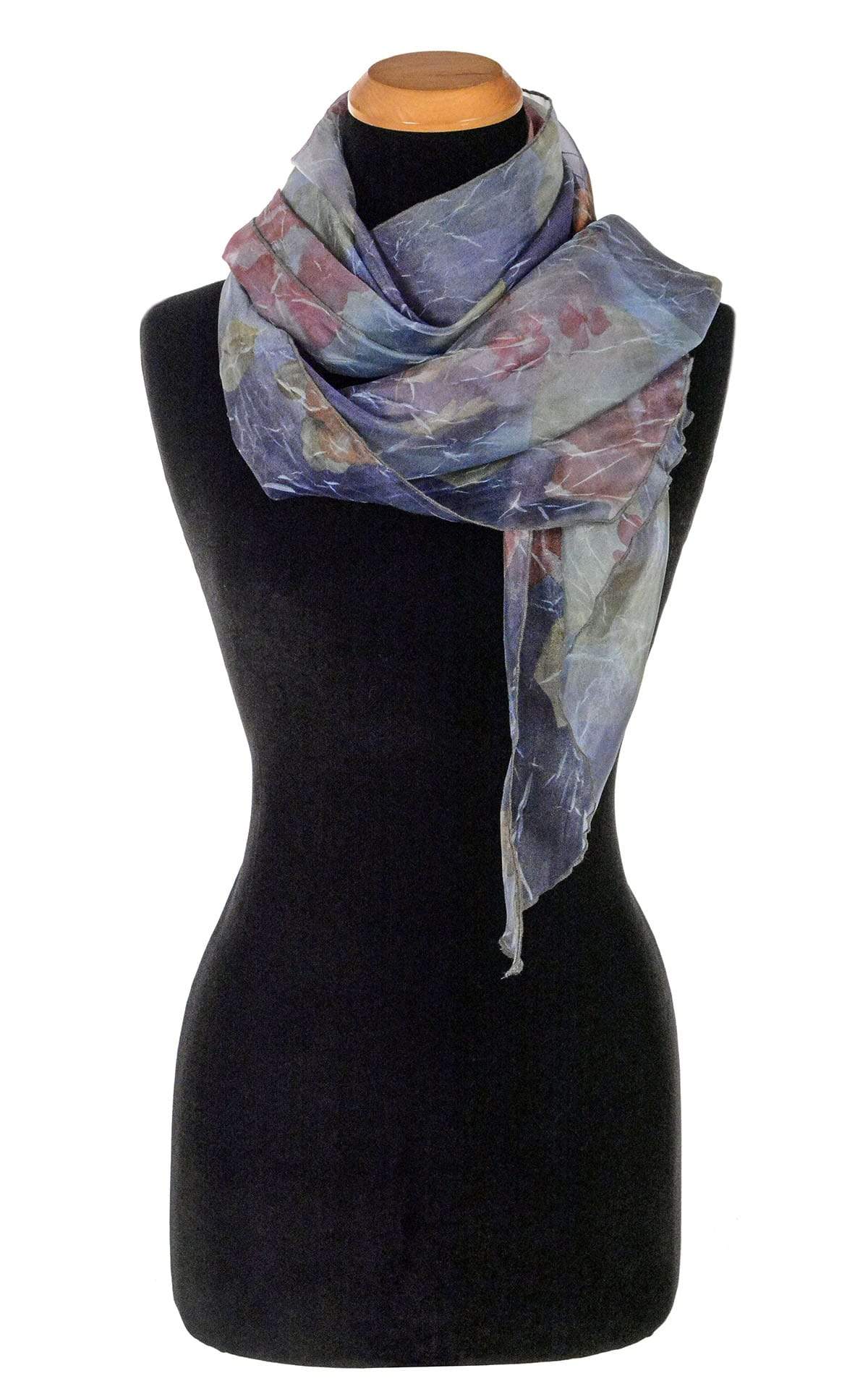 Women&#39;s Handkerchief Scarf in Sea Lavender Coastal Garden Draped Over Shoulder | Handmade in Seattle WA | Pandemonium Millinery