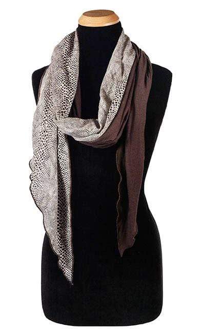  Ladies Two-Tone Handkerchief Scarf, Large Wrap | Shown in Cobra Snake ( brown and cream)  animal print on Cotton with Chocolate Jersey Knit | Handmade in Seattle WA | Pandemonium Millinery