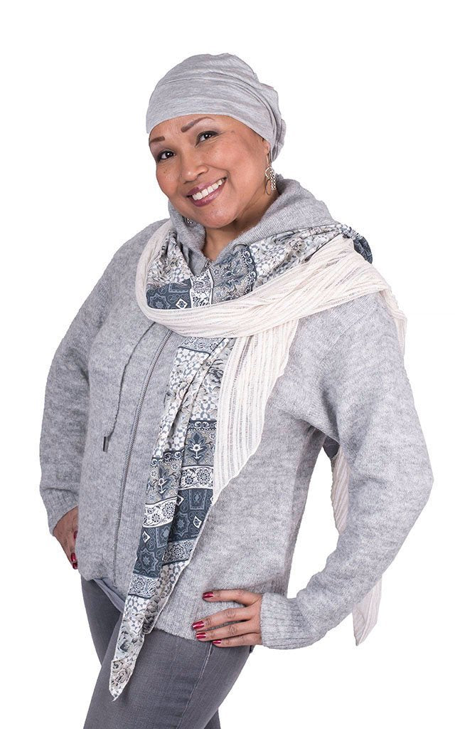 Woman modeling Rowdie Hat and Handkerchief Scarf in English Tea and Cloud Voile