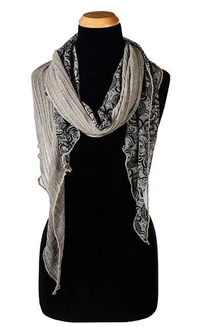 Women’s Large Handkerchief Scarf, Wrap on Mannequin shown | Cotton Voile, in Earth ( Taupe, Tan) with Venetian chiffon print (Taupe and Black) | Handmade in Seattle WA | Pandemonium Millinery