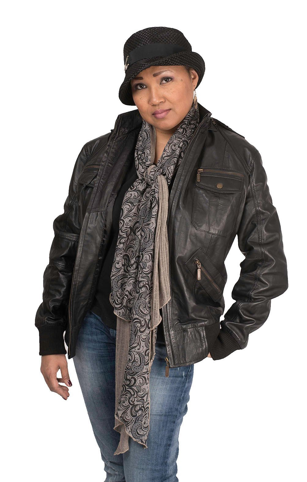  Women wearing a leather coat a Samatha Bucket style hat and Handkerchief Scarf, Wrap | Cotton Voile, in Earth ( Taupe, Tan) with Venetian chiffon print (Taupe and Black) | Handmade in Seattle WA | Pandemonium Millinery