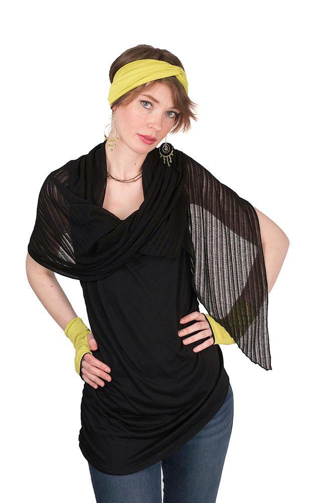 Woman modeling Handkerchief scarf and Rowdie Hat in Rain Voile