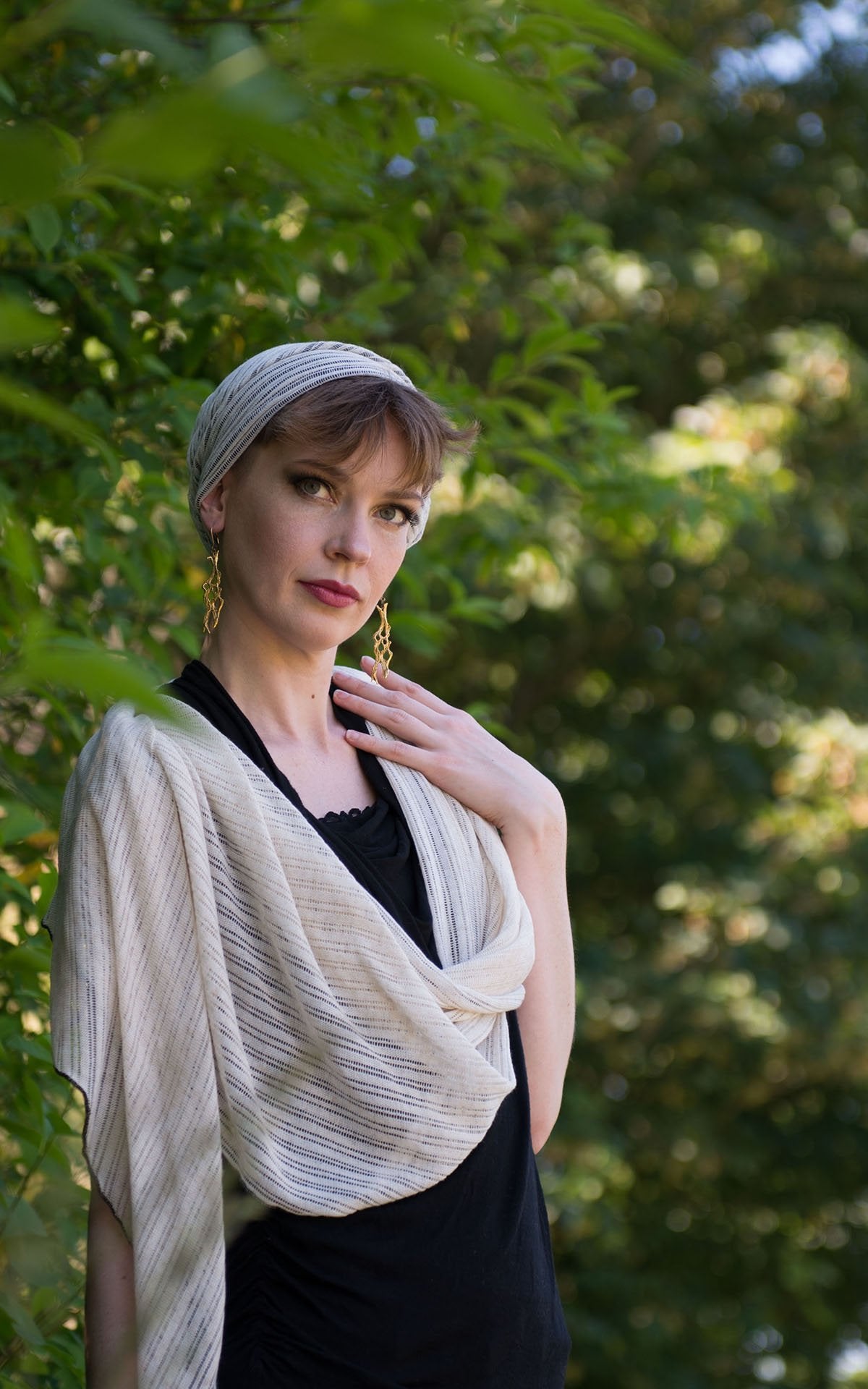 Woman modeling Handkerchief Scarf in Cloud with contrasting black stitching