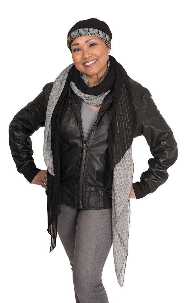 Women wearing Two-Tone Handkerchief Scarf | Cotton Voile, Black with Rain ( gray)  | Handmade in Seattle WA | Pandemonium Millinery