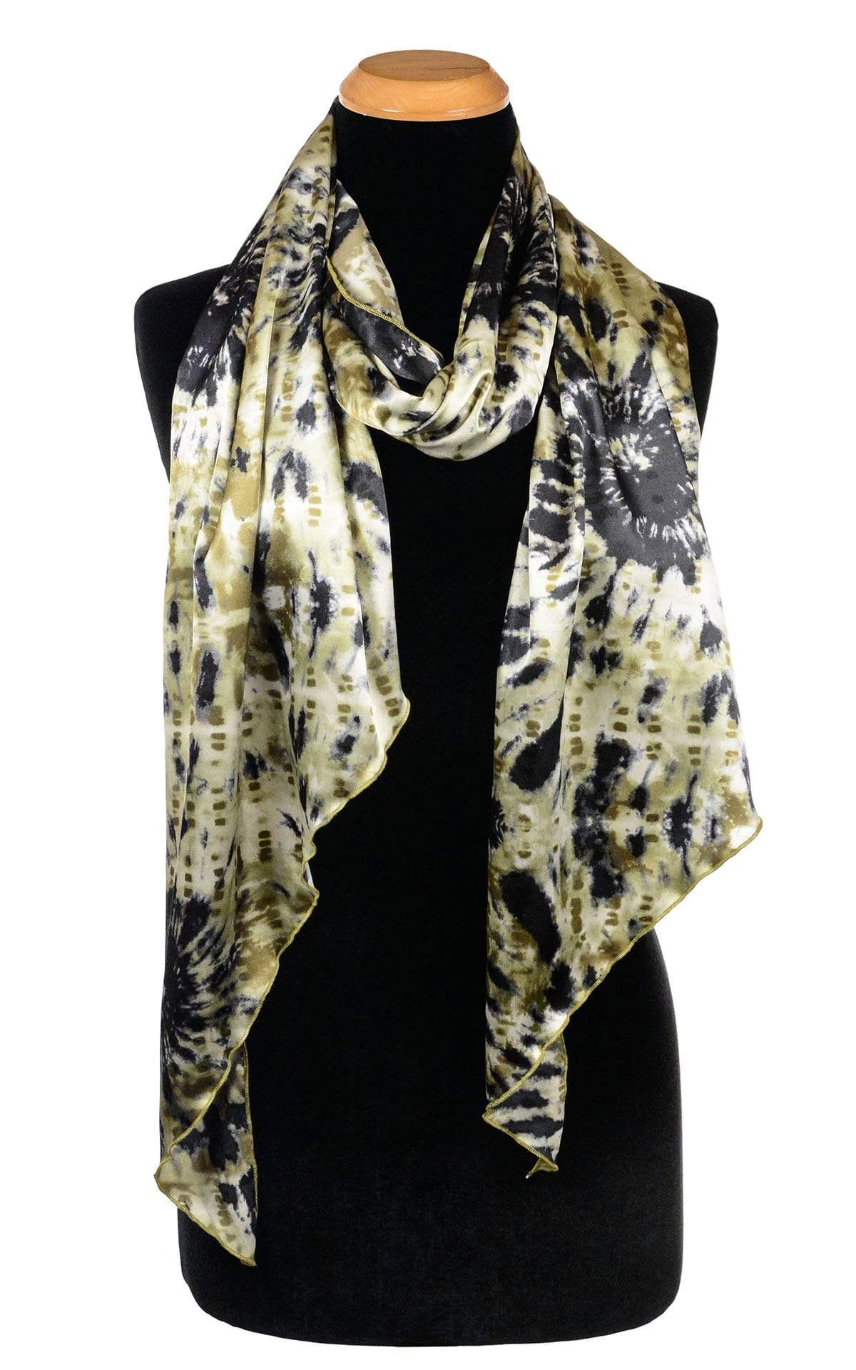 Women’s  Large Handkerchief Scarf, Wrap on Mannequin | | Egyptian Oasis, Black, Greens, and ivory tie-dye | Handmade in Seattle WA | Pandemonium Millinery