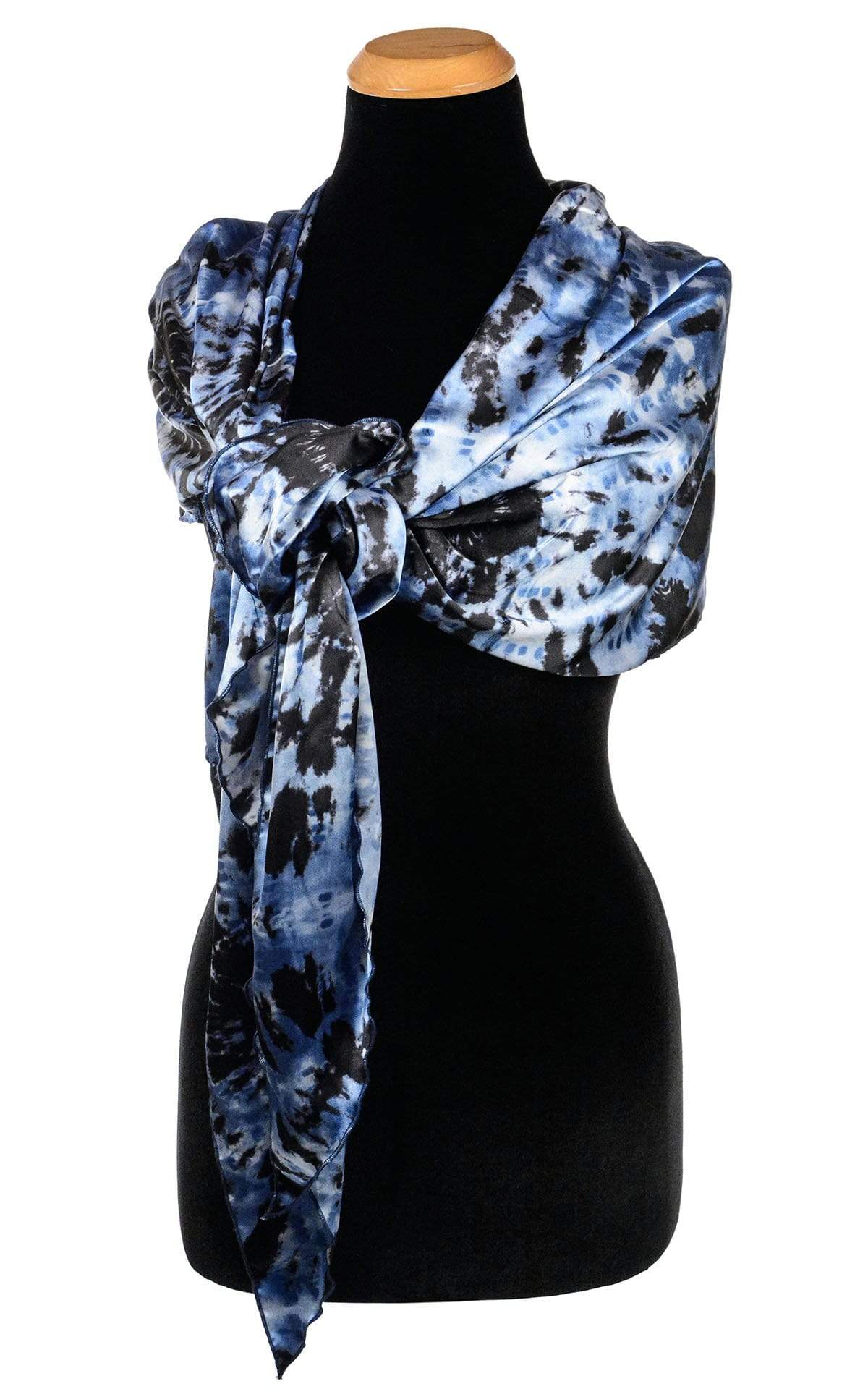 Women’s  Large Handkerchief Scarf, Wrap on Mannequin | Egyptian Mirage, black, Blues, and ivory tie-dye | Handmade in Seattle WA | Pandemonium Millinery