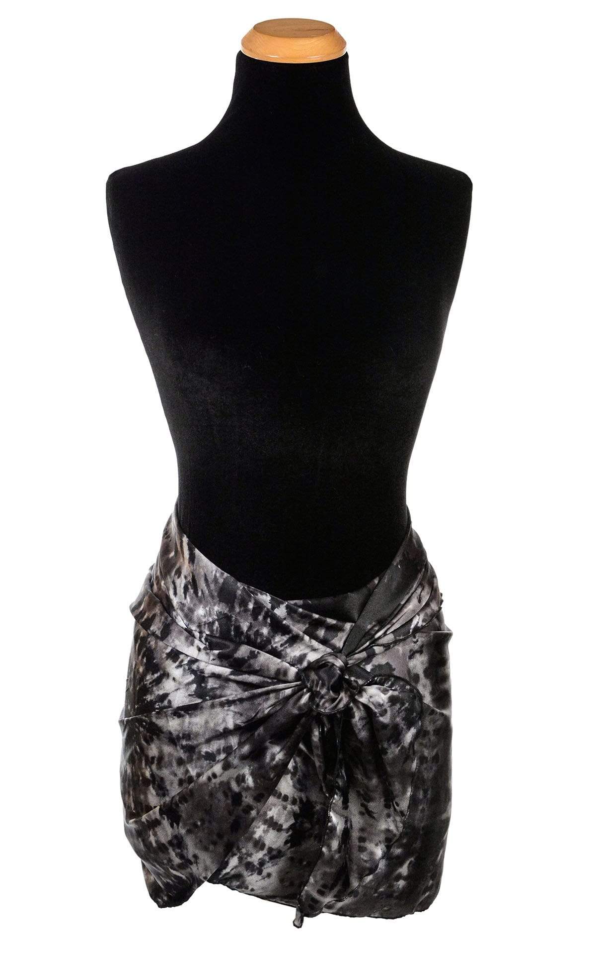 Women’s  Large Handkerchief Scarf, Wrap on Mannequin wrapped as skirt | Egyptian Scarab, Black, Gray, and off-white tie-dye | Handmade in Seattle WA | Pandemonium Millinery