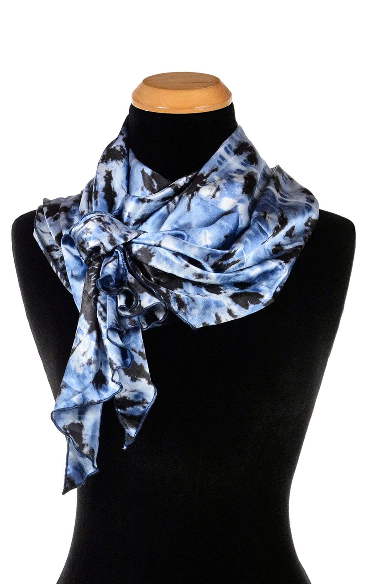 Ladies Large Handkerchief Scarf, Wrap on mannequin Tied in Front | Egyptian Mirage, black, Blues, and ivory tie-dye | Handmade in Seattle WA | Pandemonium Millinery