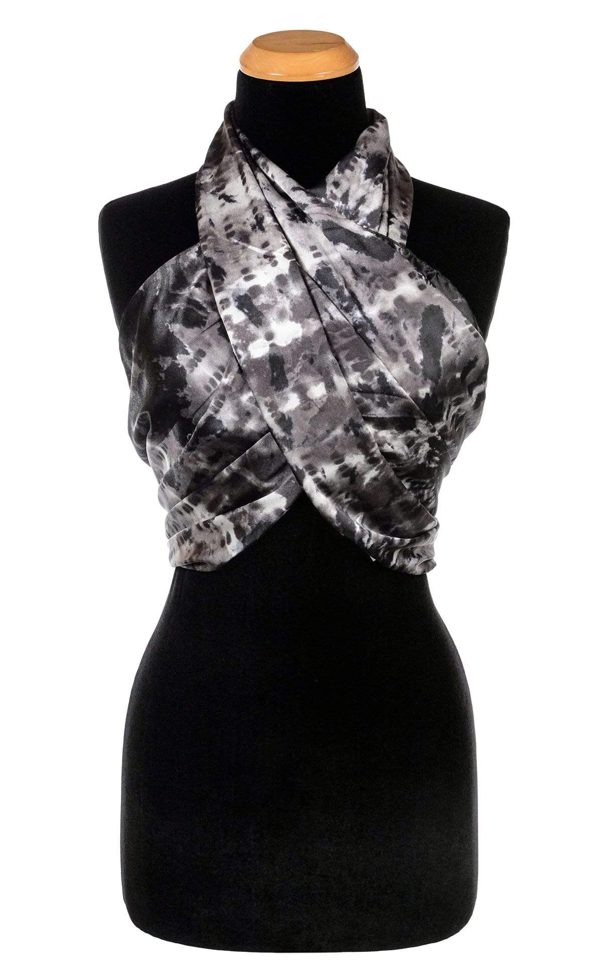 Women’s  Large Handkerchief Scarf, Wrap on Mannequin wrapped as top | Egyptian Scarab, Black, Gray, and off-white tie-dye | Handmade in Seattle WA | Pandemonium Millinery