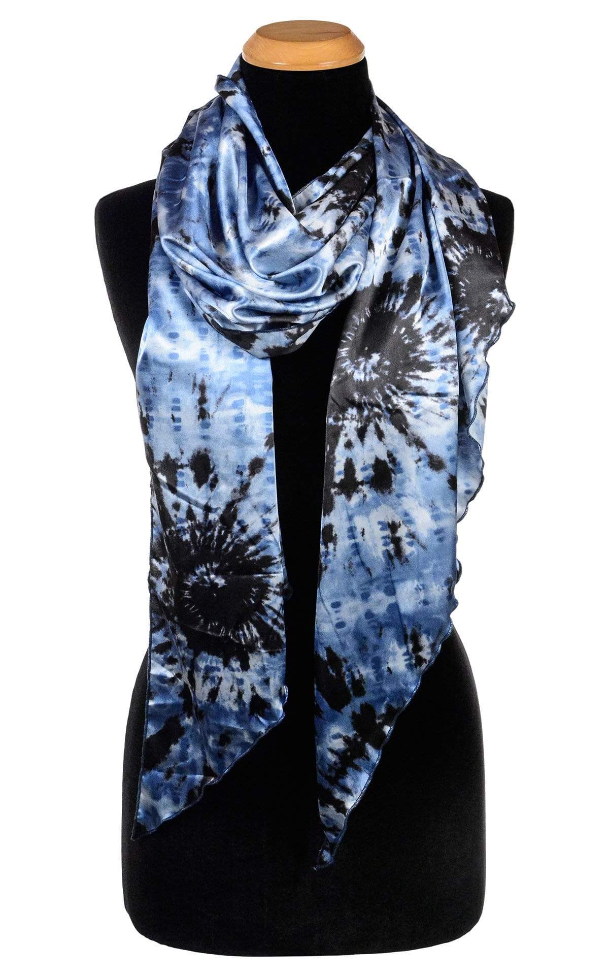 Ladies Large Handkerchief Scarf, Wrap on mannequin | Egyptian Mirage, black, Blues, and ivory tie-dye | Handmade in Seattle WA | Pandemonium Millinery