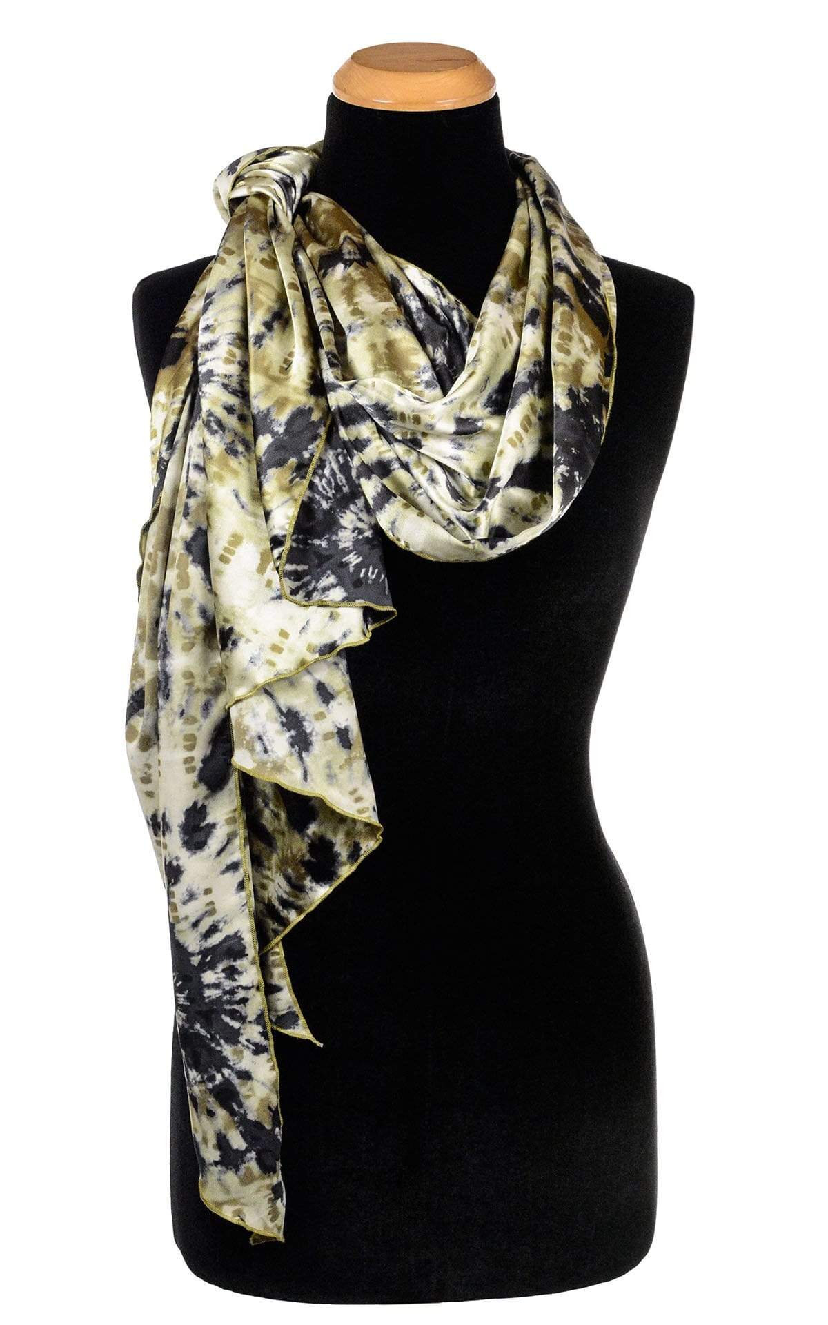 Women’s  Large Handkerchief Scarf, Wrap on Mannequin wrapped on side | | Egyptian Oasis, Black, Greens, and ivory tie-dye | Handmade in Seattle WA | Pandemonium Millinery